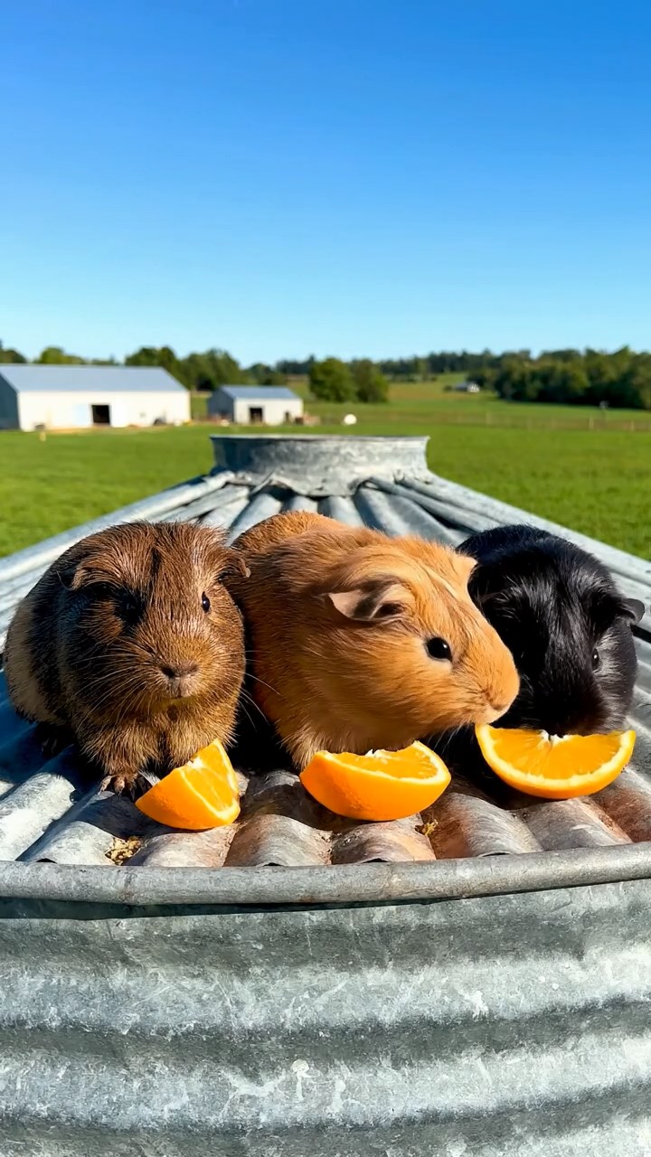 1559. Detailed photo of 3 smooth-haired White Crested guinea pigs featuring chocolate, cinnamon, and sable coats, eating orange wedges, atop a farm storage silo.