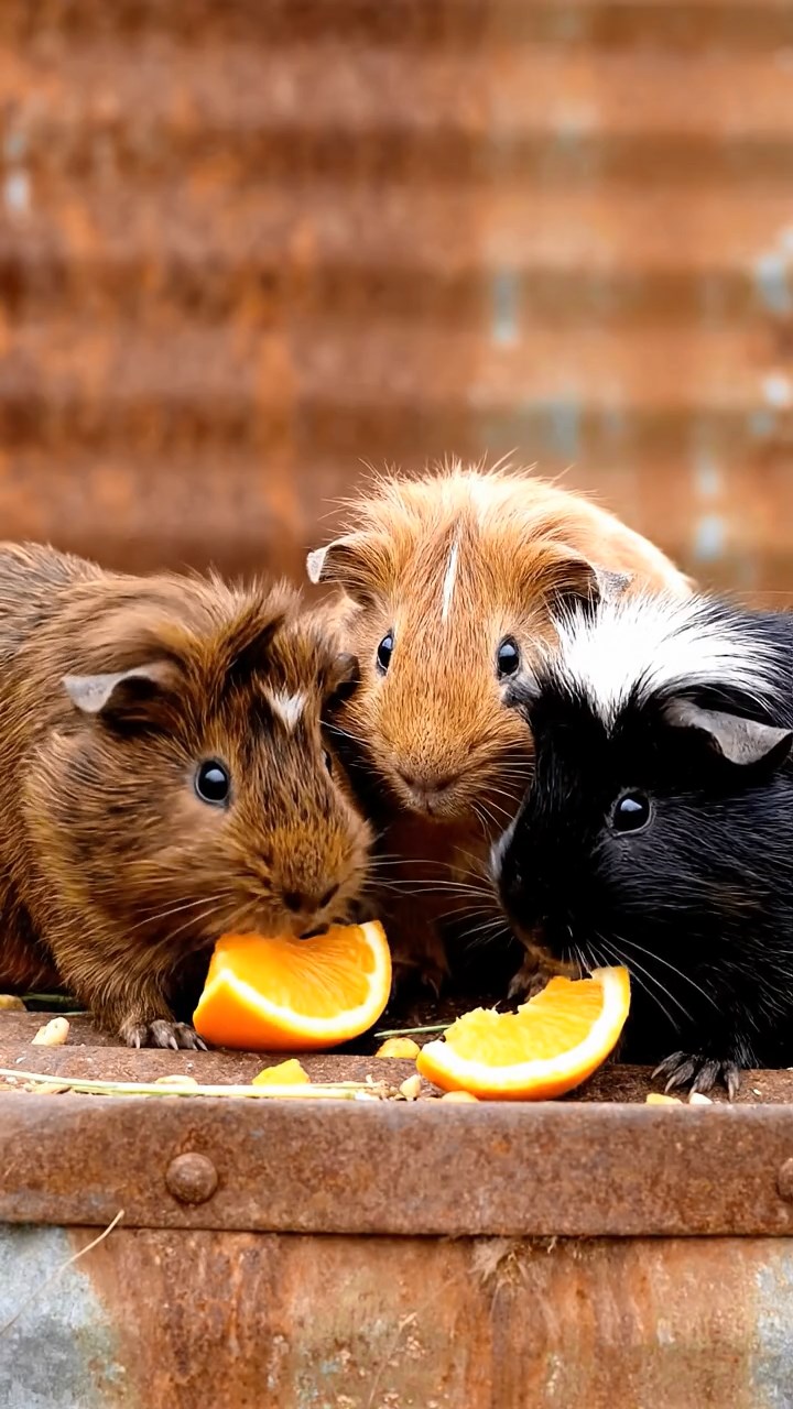 1559. Detailed photo of 3 smooth-haired White Crested guinea pigs featuring chocolate, cinnamon, and sable coats, eating orange wedges, atop a farm storage silo.