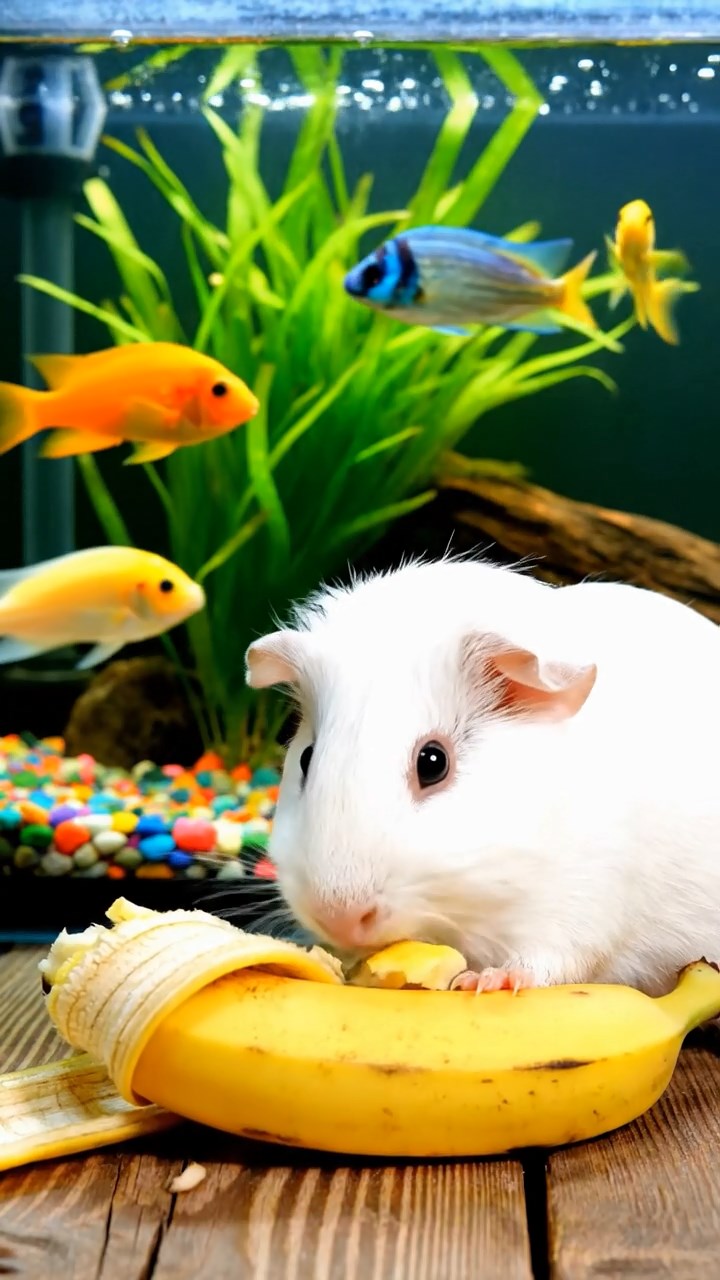 2132. Highly detailed view of 1 smooth haired Abyssinian guinea pig with brown fur. munching on pear slices. in a blooming spring tulip meadow with historic windmills.