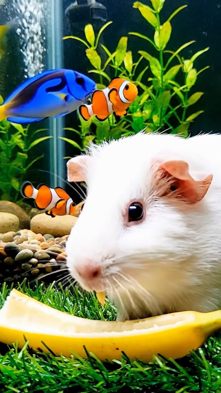 2133. Photorealistic image of 4 smooth haired Peruvian guinea pigs featuring cream. fawn. and chocolate coats. sharing cucumber peels. inside a luxurious dirigible cabin with brass fittings.