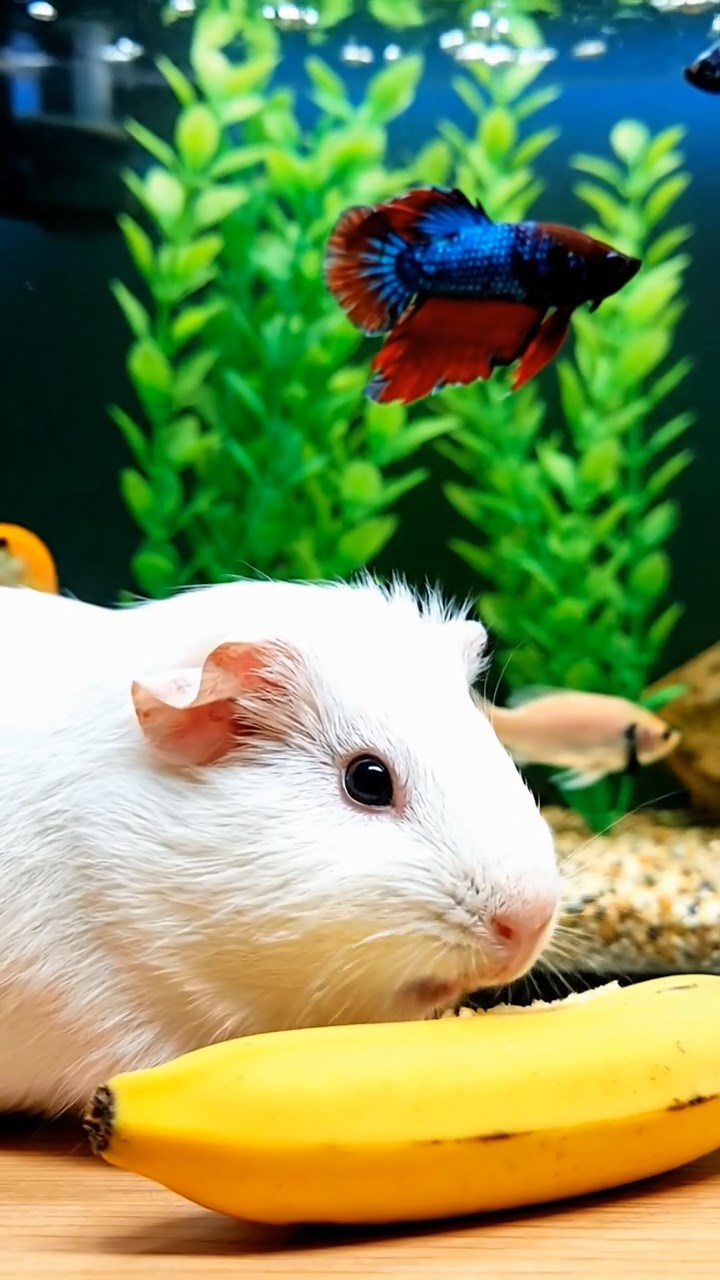 2134. Realistic depiction of 2 smooth haired Silkie guinea pigs with cinnamon and sable fur. eating timothy hay bundles. in a quiet cloister garden with stone benches.