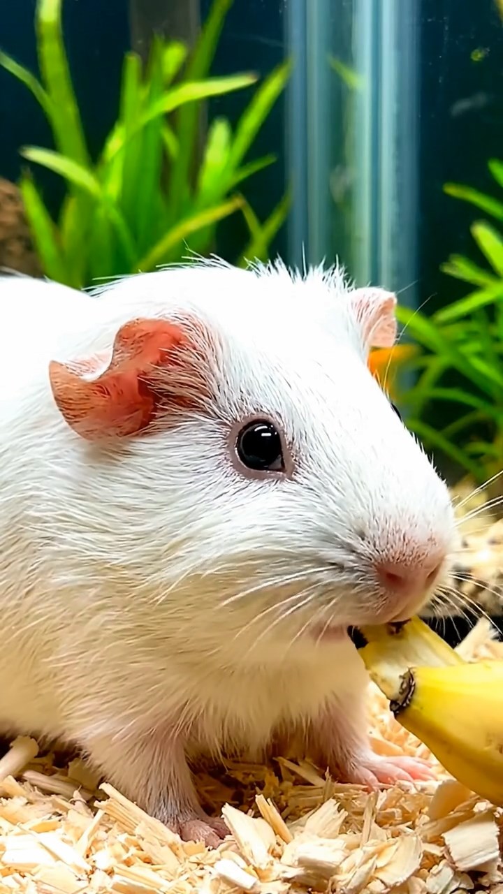 2134. Realistic depiction of 2 smooth haired Silkie guinea pigs with cinnamon and sable fur. eating timothy hay bundles. in a quiet cloister garden with stone benches.