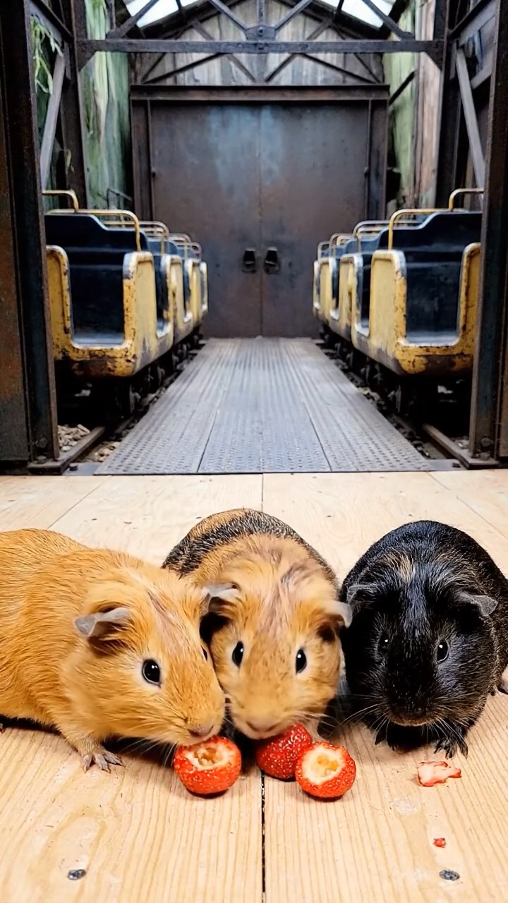 2134. Realistic depiction of 2 smooth haired Silkie guinea pigs with cinnamon and sable fur. eating timothy hay bundles. in a quiet cloister garden with stone benches.