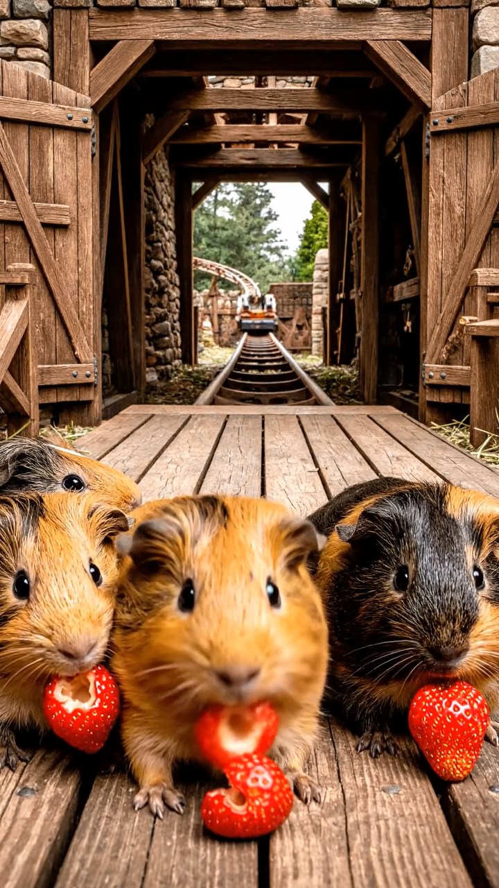 2135. Detailed scene of 3 smooth haired Teddy guinea pigs with white. orange. and gray fur. nibbling on grape vines. in a post apocalyptic survival camp with barbed wire.