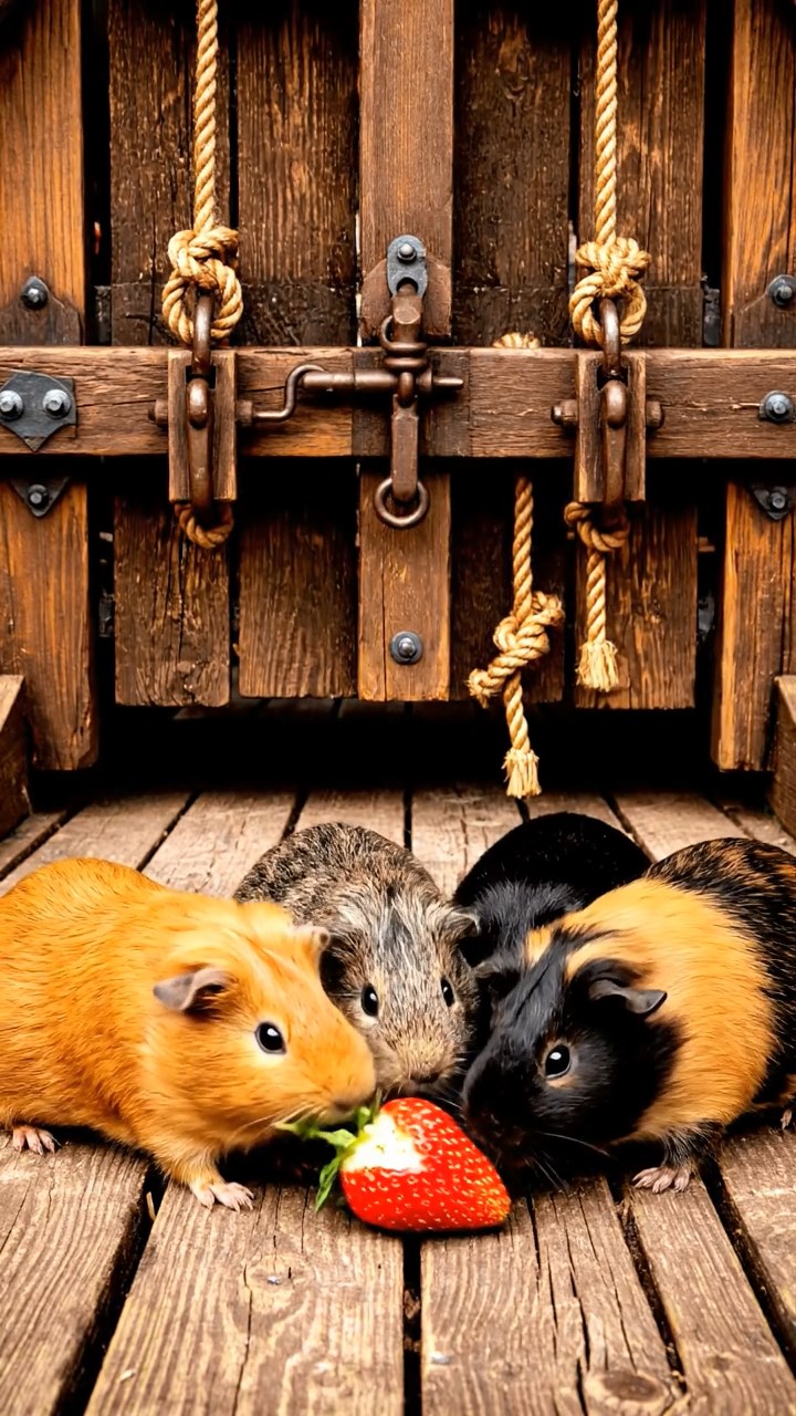 2135. Detailed scene of 3 smooth haired Teddy guinea pigs with white. orange. and gray fur. nibbling on grape vines. in a post apocalyptic survival camp with barbed wire.