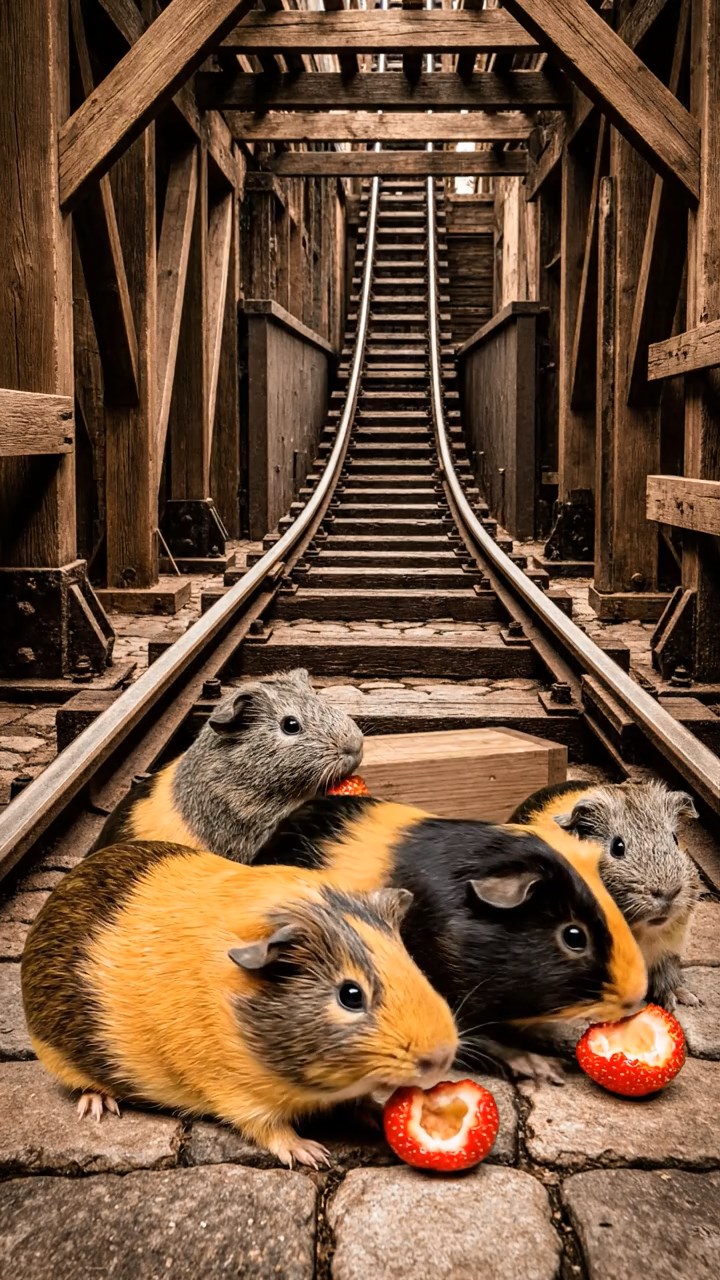 2135. Detailed scene of 3 smooth haired Teddy guinea pigs with white. orange. and gray fur. nibbling on grape vines. in a post apocalyptic survival camp with barbed wire.