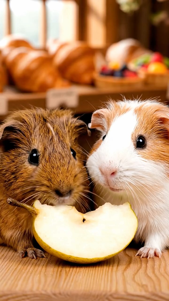 2135. Detailed scene of 3 smooth haired Teddy guinea pigs with white. orange. and gray fur. nibbling on grape vines. in a post apocalyptic survival camp with barbed wire.