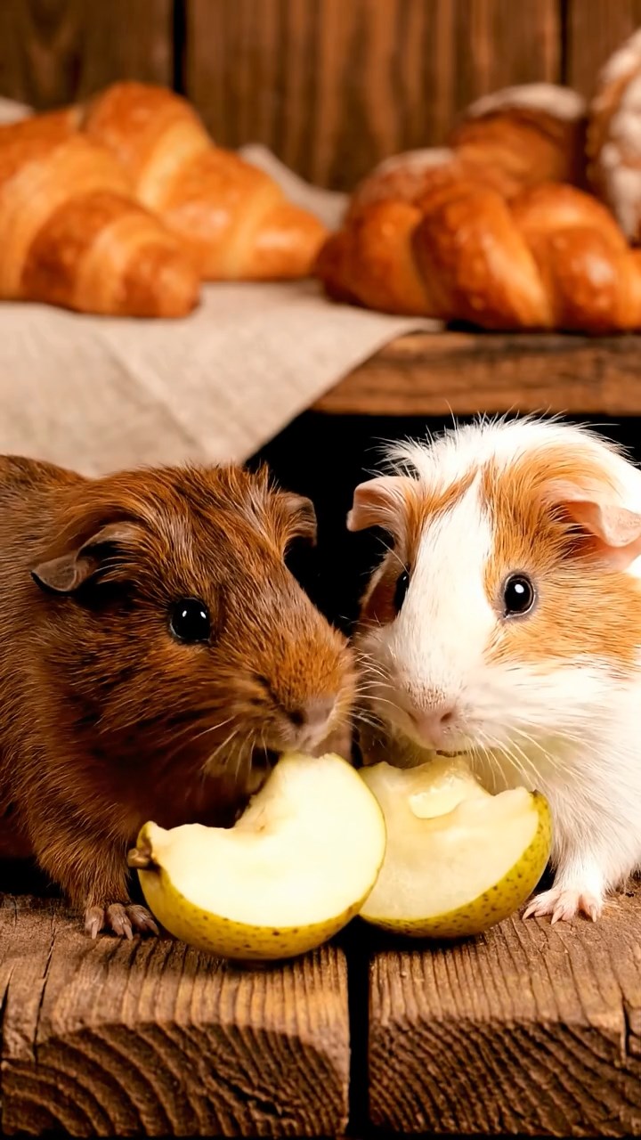 519. Highly detailed view of 4 smooth-haired Himalayan guinea pigs with White, Orange, Black, and Brown fur, dressed as writers in tiny scarves, typing stories in a guinea pig study with miniature books and hay desks, under warm lamplight, creating a vivid, realistic literary scene.