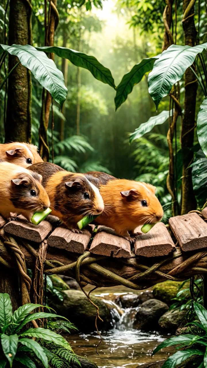 520. Realistic scene of 5 smooth-haired Californian guinea pigs with Cream, Fawn, Sable, Gray, and Cinnamon fur, sleeping in a cozy pile in a lush meadow with wildflowers and a gentle breeze, under golden sunlight, capturing a lifelike, tranquil group moment.