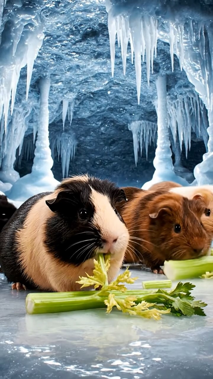 523. Highly detailed view of 3 smooth-haired Himalayan guinea pigs with Gray, Cream, and Brown fur, mating in a secluded grassy clearing surrounded by tall ferns and soft moss, under gentle morning light, creating a realistic, intimate natural scene.
