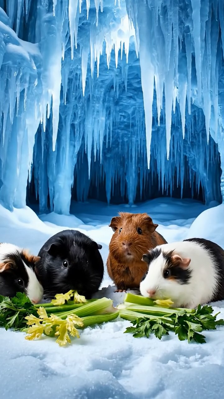 524. Realistic scene of 4 smooth-haired Californian guinea pigs with Fawn, Chocolate, Cinnamon, and Sable fur, dressed as firefighters in tiny uniforms, extinguishing a pretend fire in a guinea pig village with hay houses, under glowing streetlights, capturing a heroic, lifelike moment.