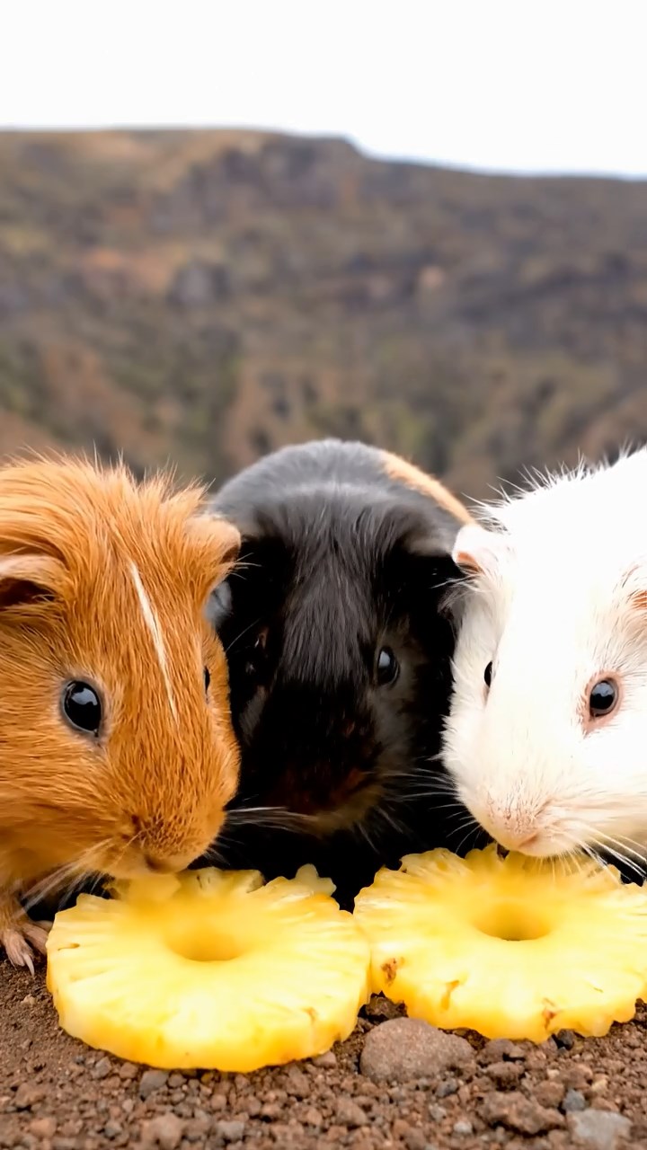 525. Detailed photo of 5 smooth-haired American guinea pigs with White, Orange, Gray, Black, and Brown fur, foraging for clover in a lush meadow with wildflowers and a trickling stream, under soft morning light, creating a realistic, serene pastoral scene.