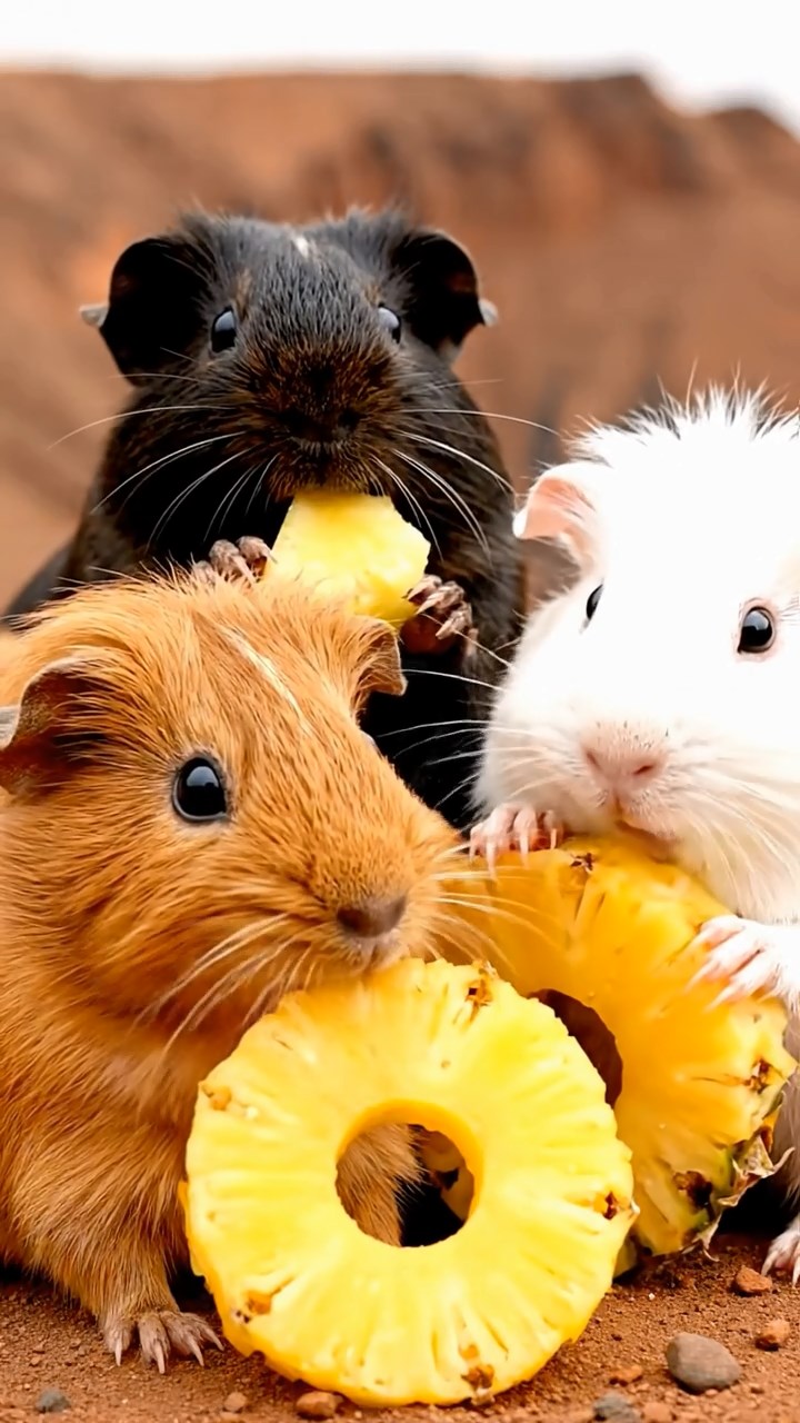 525. Detailed photo of 5 smooth-haired American guinea pigs with White, Orange, Gray, Black, and Brown fur, foraging for clover in a lush meadow with wildflowers and a trickling stream, under soft morning light, creating a realistic, serene pastoral scene.