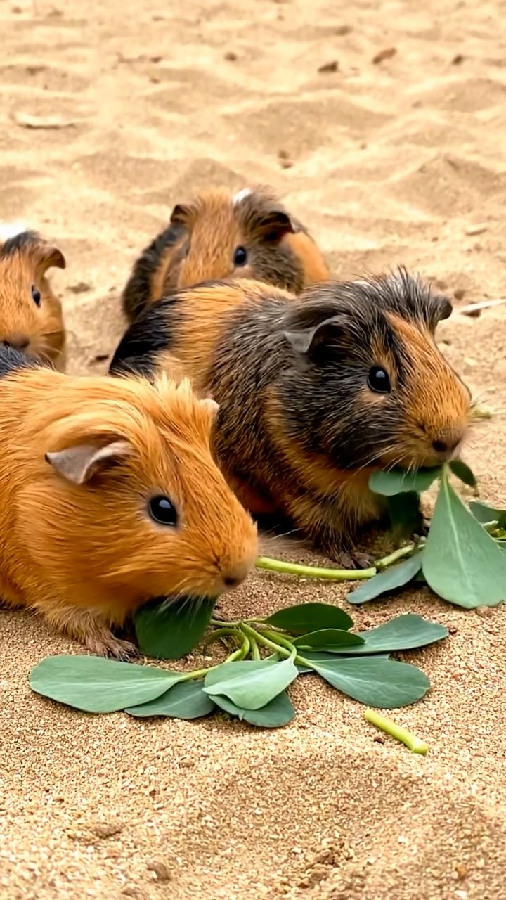 527. Highly detailed view of 2 smooth-haired Himalayan guinea pigs with Fawn and Sable fur, dressed as musicians in tiny vests, playing miniature pianos in a guinea pig concert hall with hay seats and velvet curtains, under warm spotlights, creating a realistic, elegant scene.