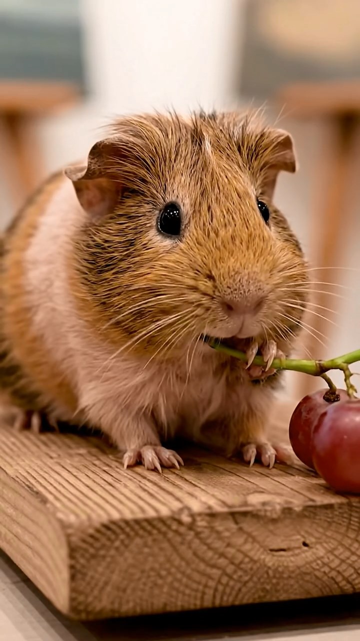 527. Highly detailed view of 2 smooth-haired Himalayan guinea pigs with Fawn and Sable fur, dressed as musicians in tiny vests, playing miniature pianos in a guinea pig concert hall with hay seats and velvet curtains, under warm spotlights, creating a realistic, elegant scene.