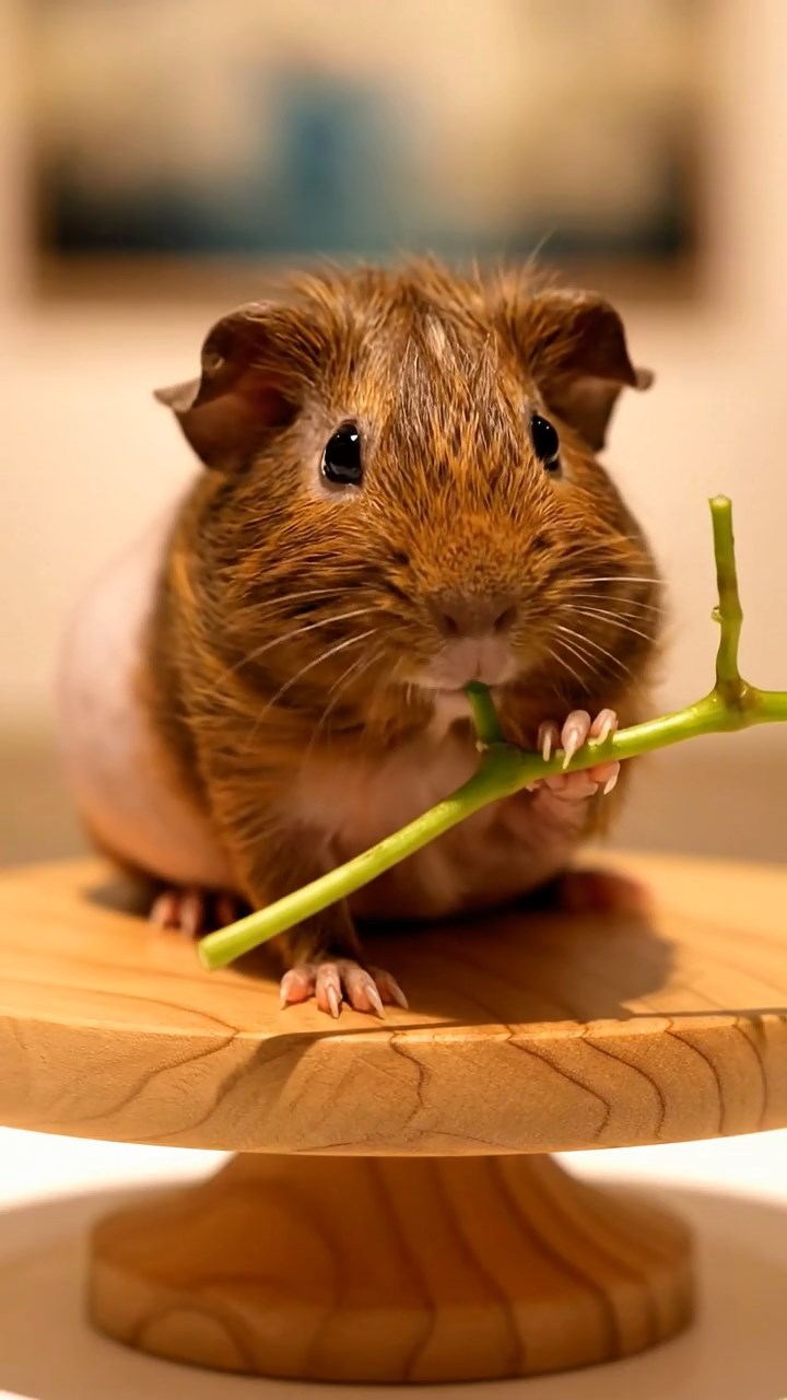 527. Highly detailed view of 2 smooth-haired Himalayan guinea pigs with Fawn and Sable fur, dressed as musicians in tiny vests, playing miniature pianos in a guinea pig concert hall with hay seats and velvet curtains, under warm spotlights, creating a realistic, elegant scene.