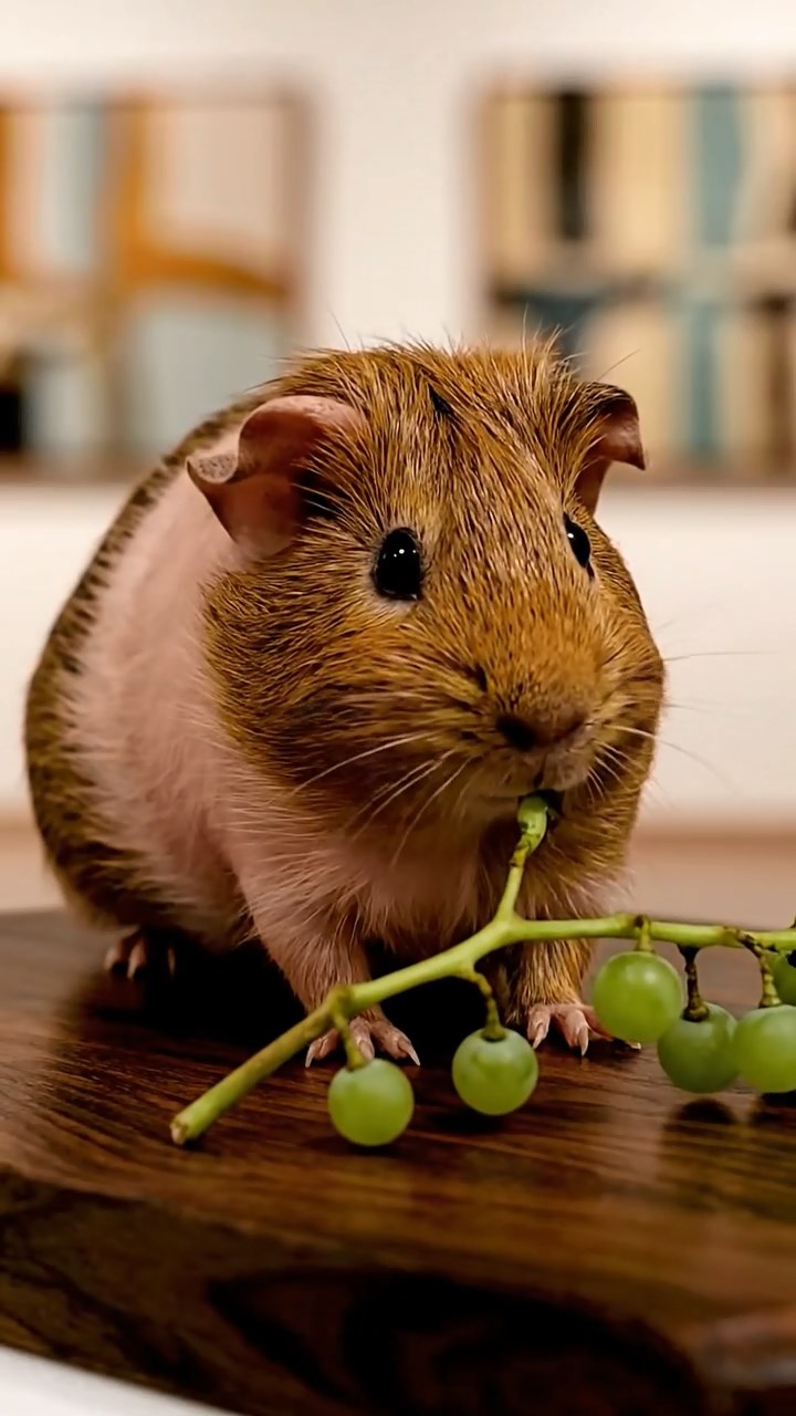 527. Highly detailed view of 2 smooth-haired Himalayan guinea pigs with Fawn and Sable fur, dressed as musicians in tiny vests, playing miniature pianos in a guinea pig concert hall with hay seats and velvet curtains, under warm spotlights, creating a realistic, elegant scene.