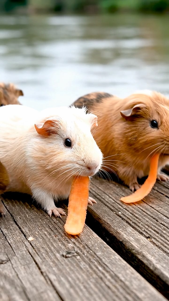 528. Realistic scene of 3 smooth-haired Californian guinea pigs with Chocolate, Cinnamon, and Gray fur, grooming each other in a lush meadow with scattered wildflowers and a babbling brook, under golden sunlight, enhancing the authentic, social atmosphere.
