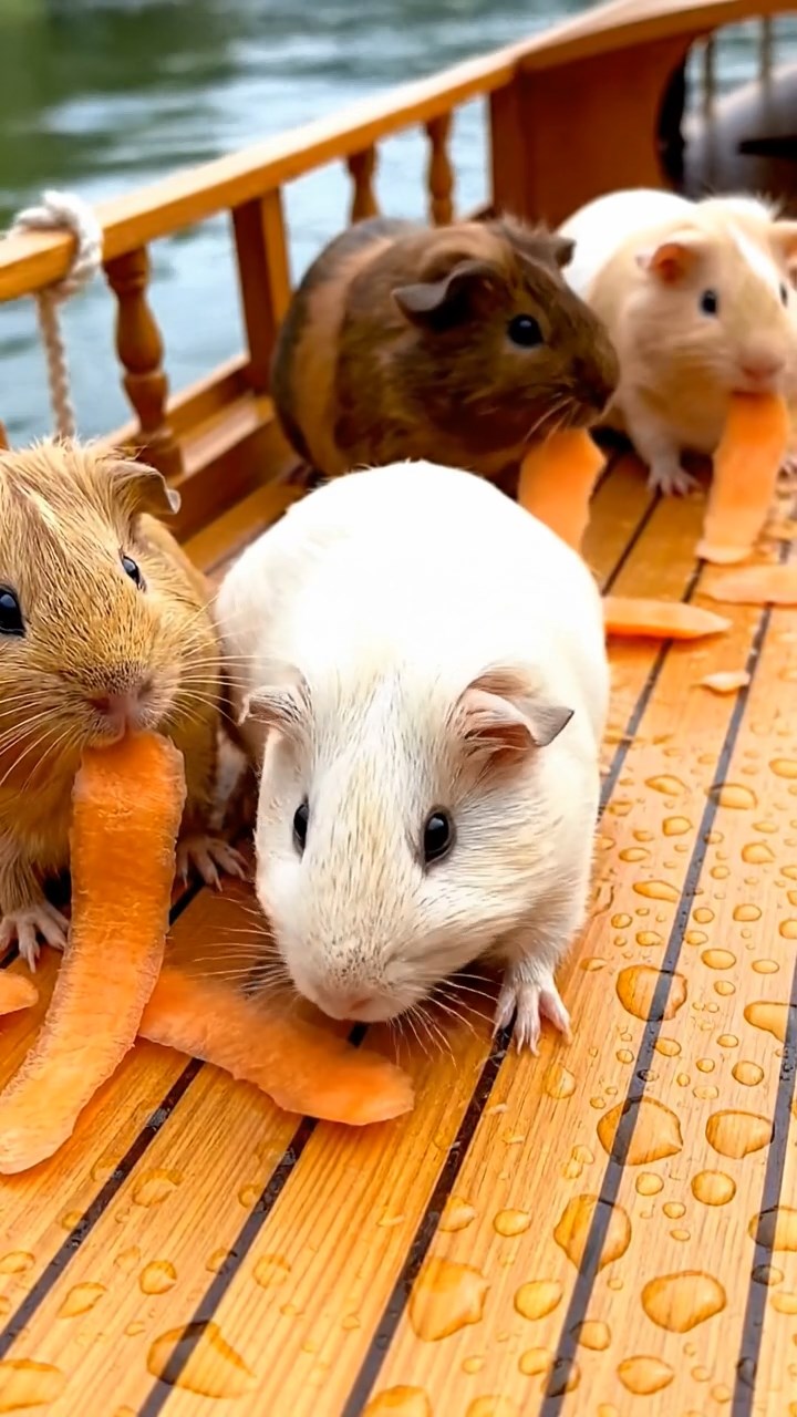 528. Realistic scene of 3 smooth-haired Californian guinea pigs with Chocolate, Cinnamon, and Gray fur, grooming each other in a lush meadow with scattered wildflowers and a babbling brook, under golden sunlight, enhancing the authentic, social atmosphere.