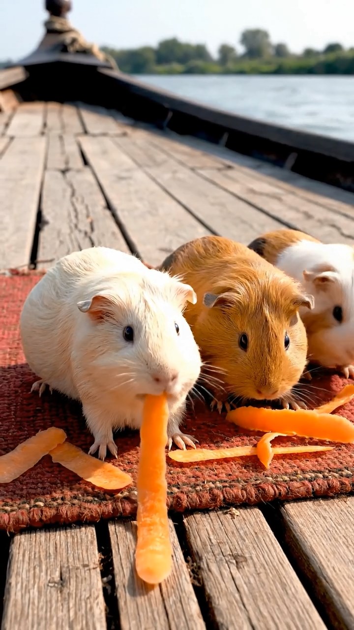528. Realistic scene of 3 smooth-haired Californian guinea pigs with Chocolate, Cinnamon, and Gray fur, grooming each other in a lush meadow with scattered wildflowers and a babbling brook, under golden sunlight, enhancing the authentic, social atmosphere.