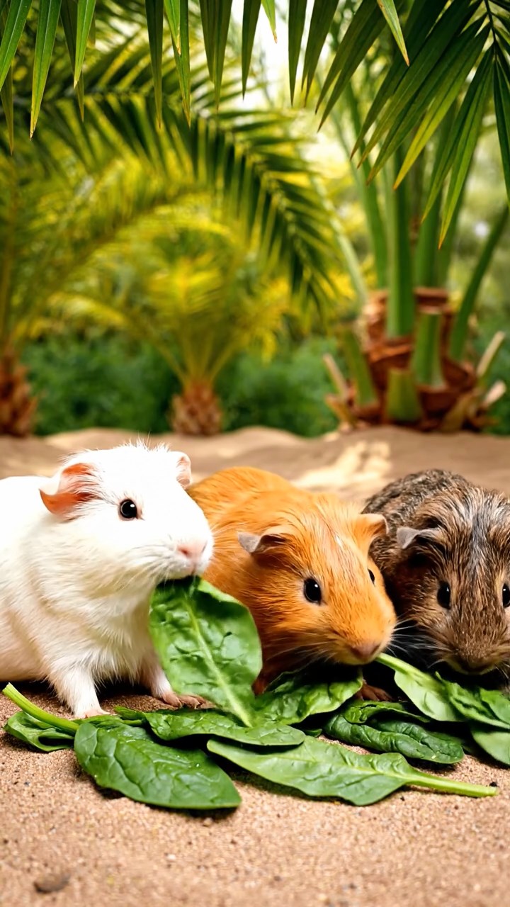 531. Highly detailed view of 1 smooth-haired Himalayan guinea pig with White fur, munching on bell peppers, in a vibrant vegetable garden with rows of tomatoes and lettuce, under bright sunlight, creating a realistic, colorful rural scene.