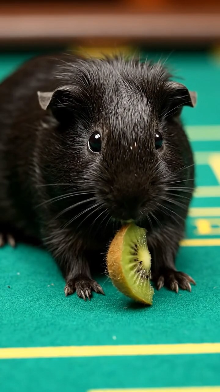 531. Highly detailed view of 1 smooth-haired Himalayan guinea pig with White fur, munching on bell peppers, in a vibrant vegetable garden with rows of tomatoes and lettuce, under bright sunlight, creating a realistic, colorful rural scene.