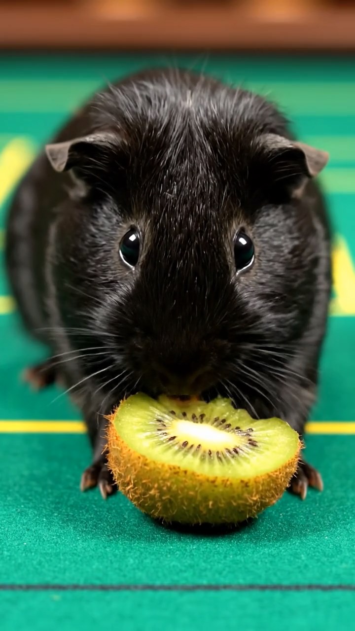 531. Highly detailed view of 1 smooth-haired Himalayan guinea pig with White fur, munching on bell peppers, in a vibrant vegetable garden with rows of tomatoes and lettuce, under bright sunlight, creating a realistic, colorful rural scene.