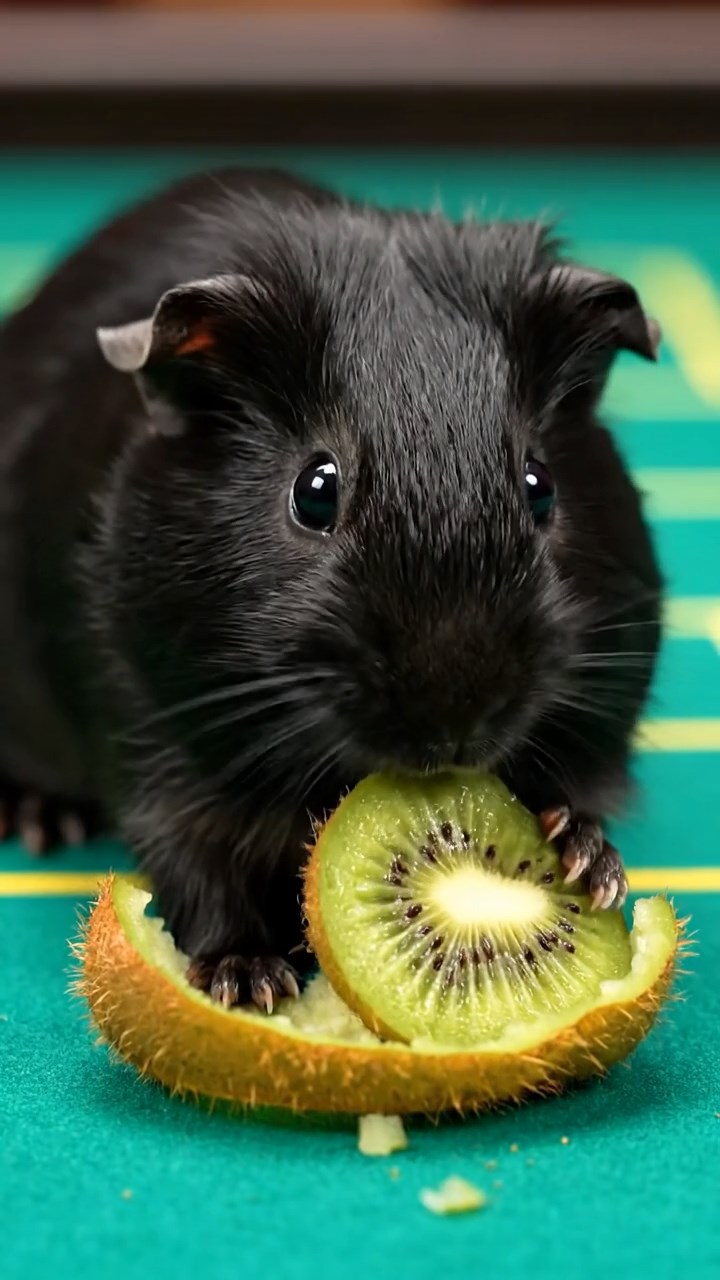 531. Highly detailed view of 1 smooth-haired Himalayan guinea pig with White fur, munching on bell peppers, in a vibrant vegetable garden with rows of tomatoes and lettuce, under bright sunlight, creating a realistic, colorful rural scene.