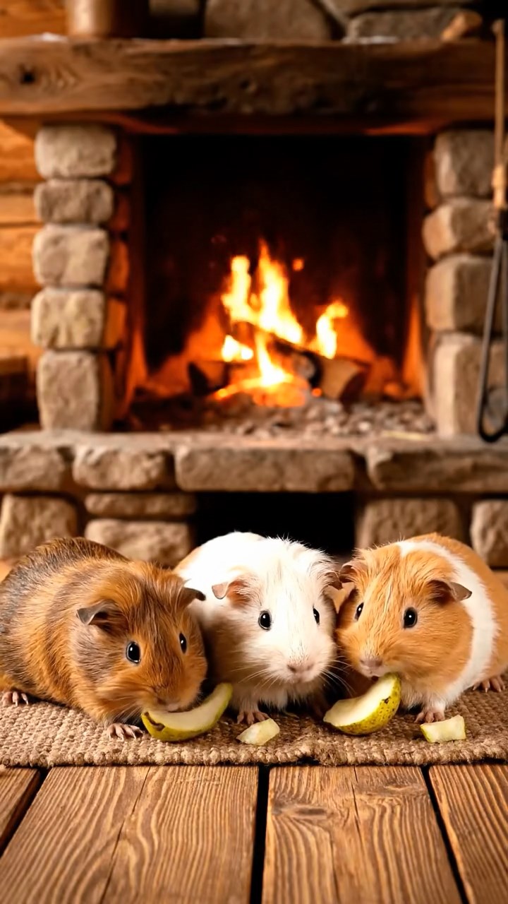 532. Realistic scene of 2 smooth-haired Californian guinea pigs with Orange and Black fur, dressed as tailors in tiny vests, sewing miniature coats in a guinea pig atelier with colorful fabrics and hay mannequins, under warm lamplight, enhancing the lifelike, creative atmosphere.