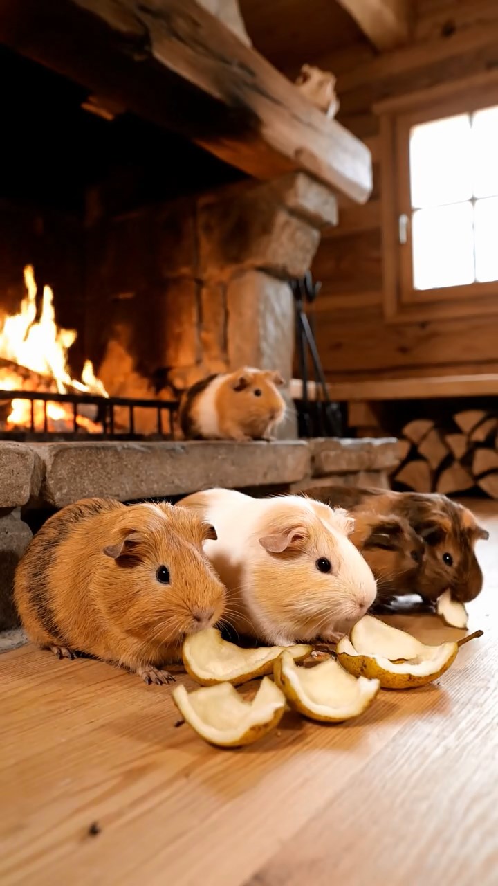 532. Realistic scene of 2 smooth-haired Californian guinea pigs with Orange and Black fur, dressed as tailors in tiny vests, sewing miniature coats in a guinea pig atelier with colorful fabrics and hay mannequins, under warm lamplight, enhancing the lifelike, creative atmosphere.