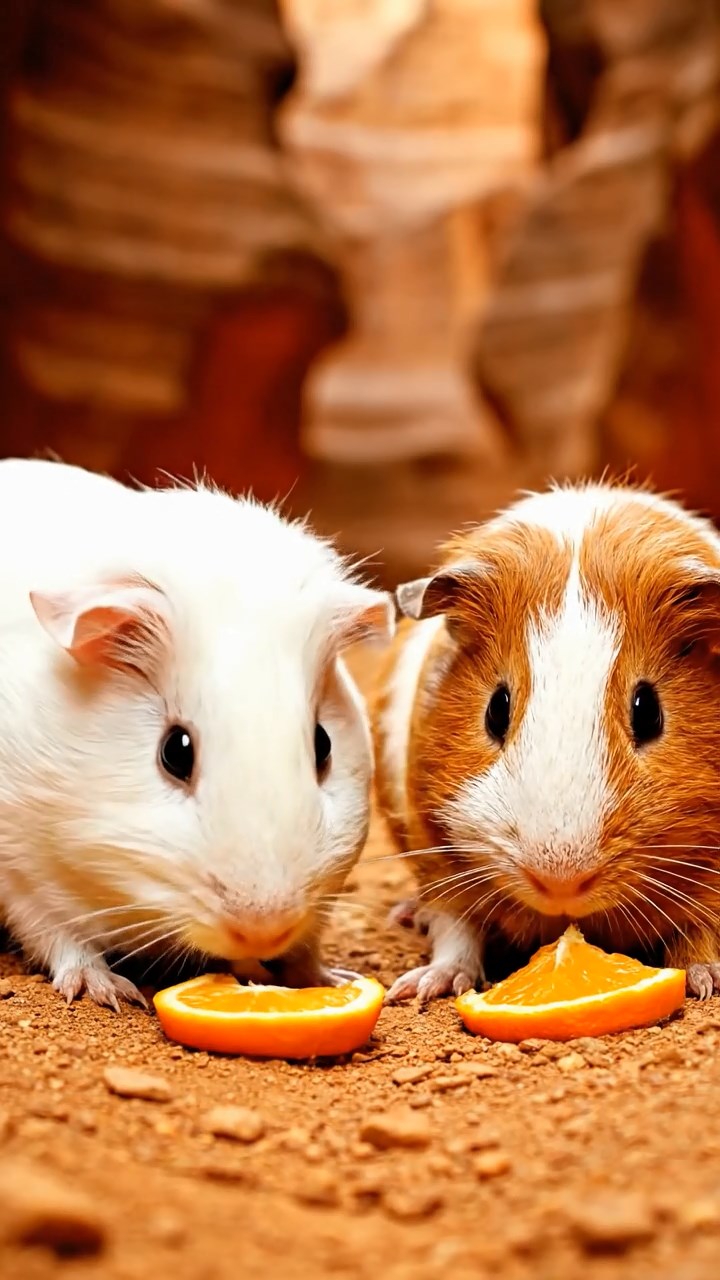 533. Detailed photo of 3 smooth-haired American guinea pigs with Gray, Cream, and Brown fur, burrowing like rabbits in a sandy dune with sparse grass and distant cacti, under a golden sunset, creating a vivid, realistic desert scene.