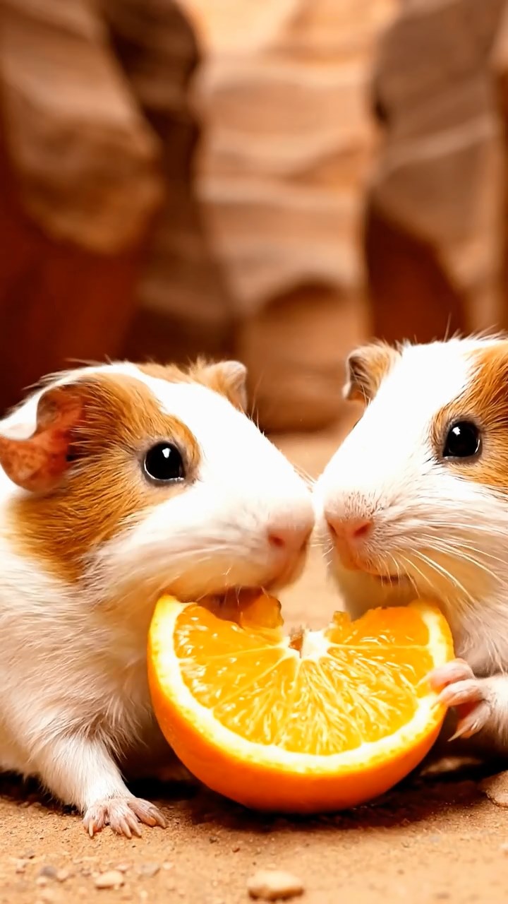 533. Detailed photo of 3 smooth-haired American guinea pigs with Gray, Cream, and Brown fur, burrowing like rabbits in a sandy dune with sparse grass and distant cacti, under a golden sunset, creating a vivid, realistic desert scene.