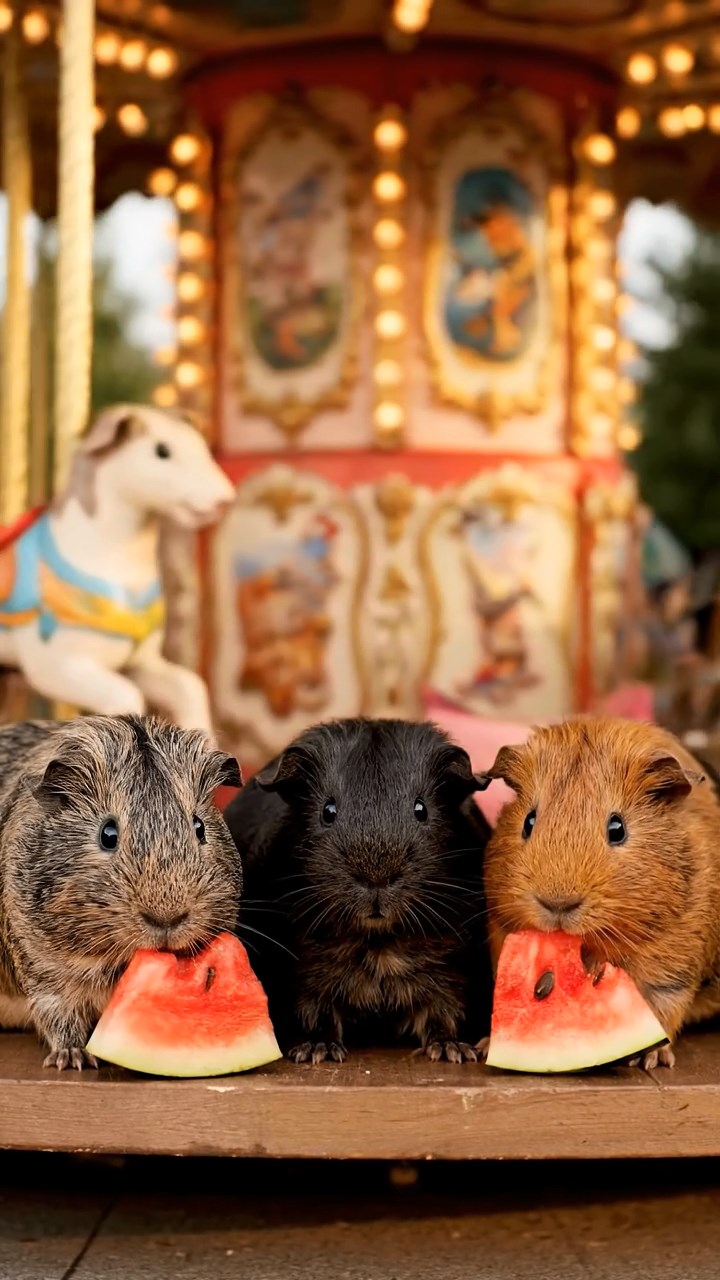 535. Highly detailed view of 5 smooth-haired Himalayan guinea pigs with White, Orange, Gray, Black, and Brown fur, foraging for wild herbs in a lush meadow with wildflowers and a babbling brook, under soft morning light, creating a realistic, serene pastoral scene.