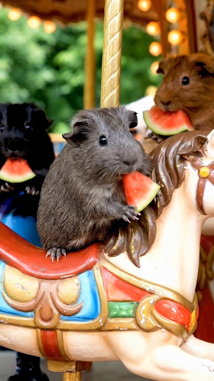 535. Highly detailed view of 5 smooth-haired Himalayan guinea pigs with White, Orange, Gray, Black, and Brown fur, foraging for wild herbs in a lush meadow with wildflowers and a babbling brook, under soft morning light, creating a realistic, serene pastoral scene.