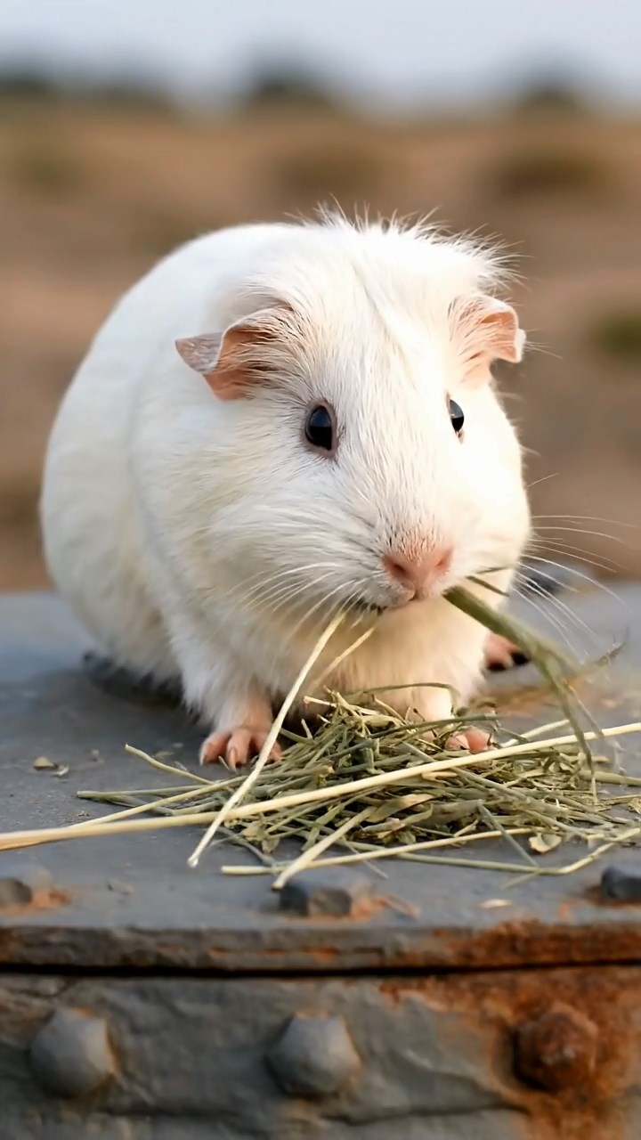 535. Highly detailed view of 5 smooth-haired Himalayan guinea pigs with White, Orange, Gray, Black, and Brown fur, foraging for wild herbs in a lush meadow with wildflowers and a babbling brook, under soft morning light, creating a realistic, serene pastoral scene.