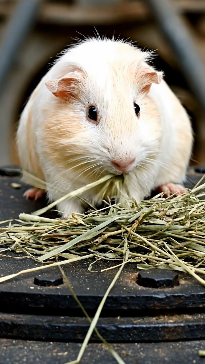 535. Highly detailed view of 5 smooth-haired Himalayan guinea pigs with White, Orange, Gray, Black, and Brown fur, foraging for wild herbs in a lush meadow with wildflowers and a babbling brook, under soft morning light, creating a realistic, serene pastoral scene.
