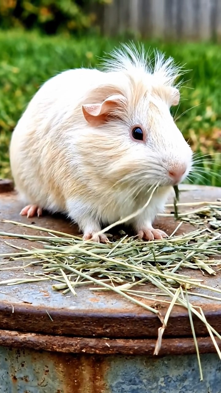 536. Realistic scene of 1 smooth-haired Californian guinea pig with Cream fur, nibbling on strawberries, in a fragrant rose garden with blooming red and white roses, under warm sunlight, capturing a vivid, lifelike romantic moment.