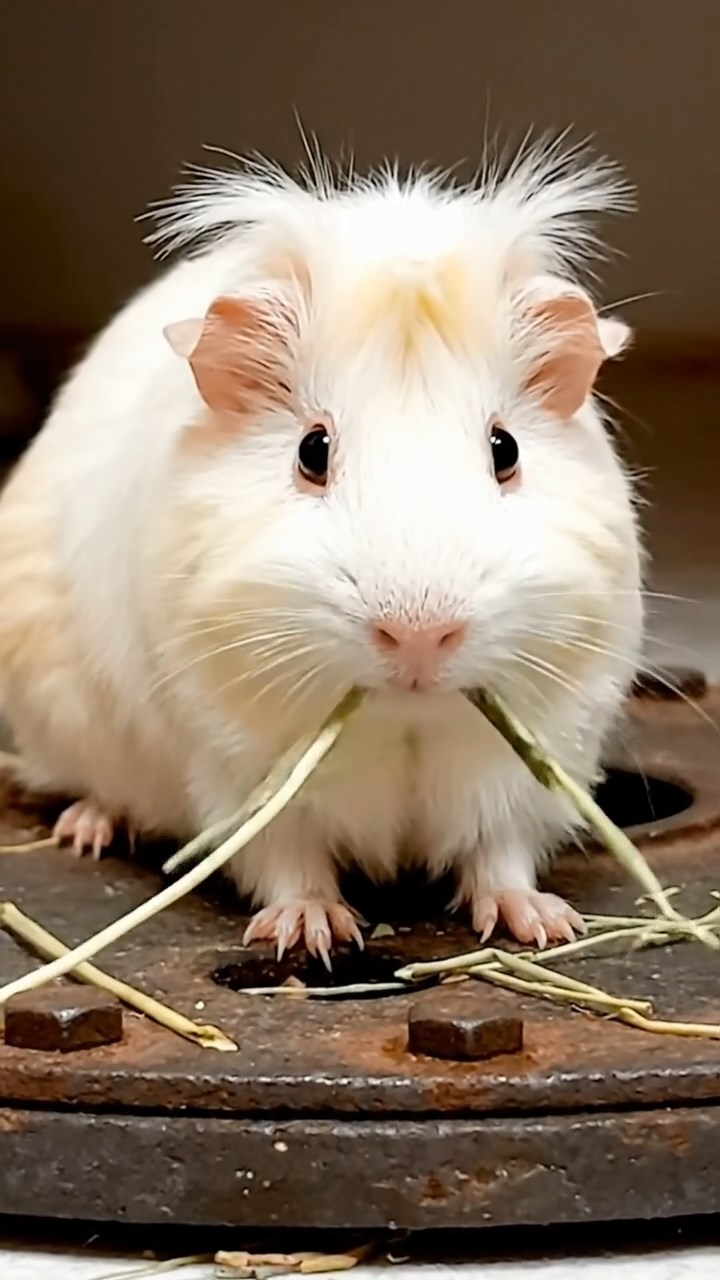 536. Realistic scene of 1 smooth-haired Californian guinea pig with Cream fur, nibbling on strawberries, in a fragrant rose garden with blooming red and white roses, under warm sunlight, capturing a vivid, lifelike romantic moment.