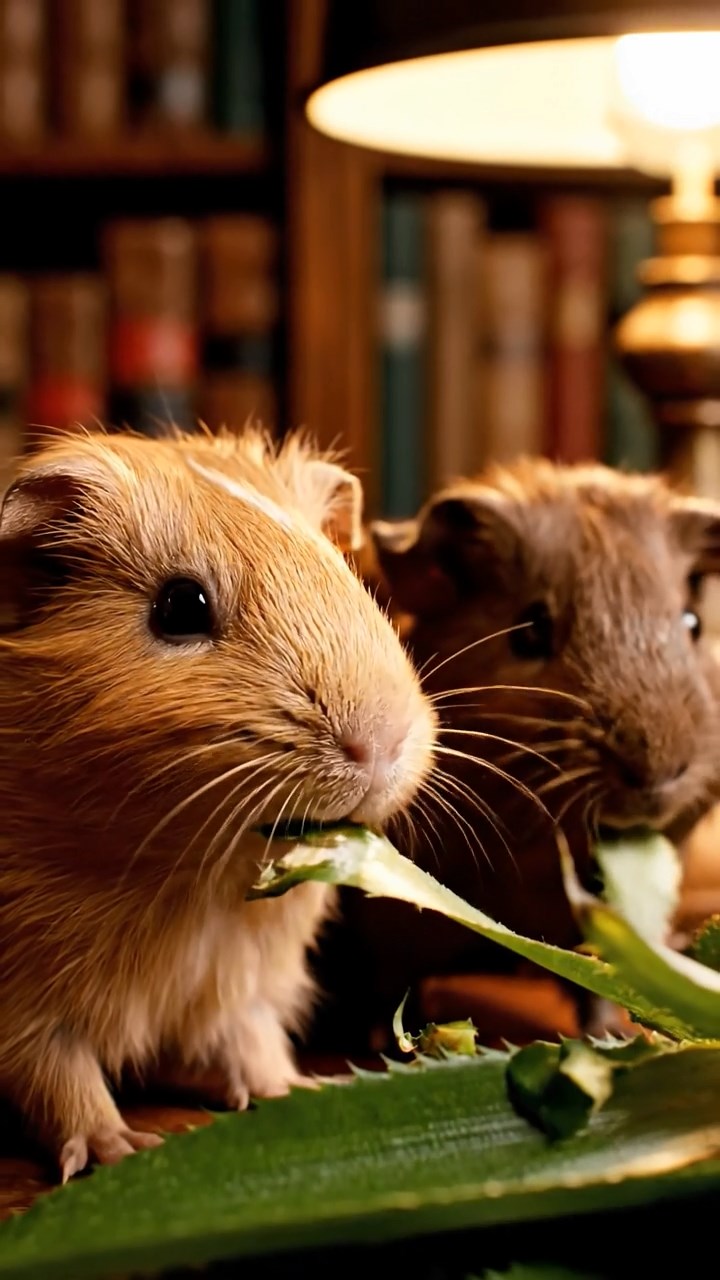 536. Realistic scene of 1 smooth-haired Californian guinea pig with Cream fur, nibbling on strawberries, in a fragrant rose garden with blooming red and white roses, under warm sunlight, capturing a vivid, lifelike romantic moment.