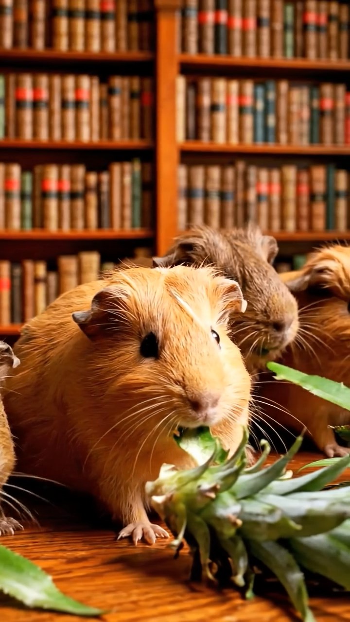 536. Realistic scene of 1 smooth-haired Californian guinea pig with Cream fur, nibbling on strawberries, in a fragrant rose garden with blooming red and white roses, under warm sunlight, capturing a vivid, lifelike romantic moment.