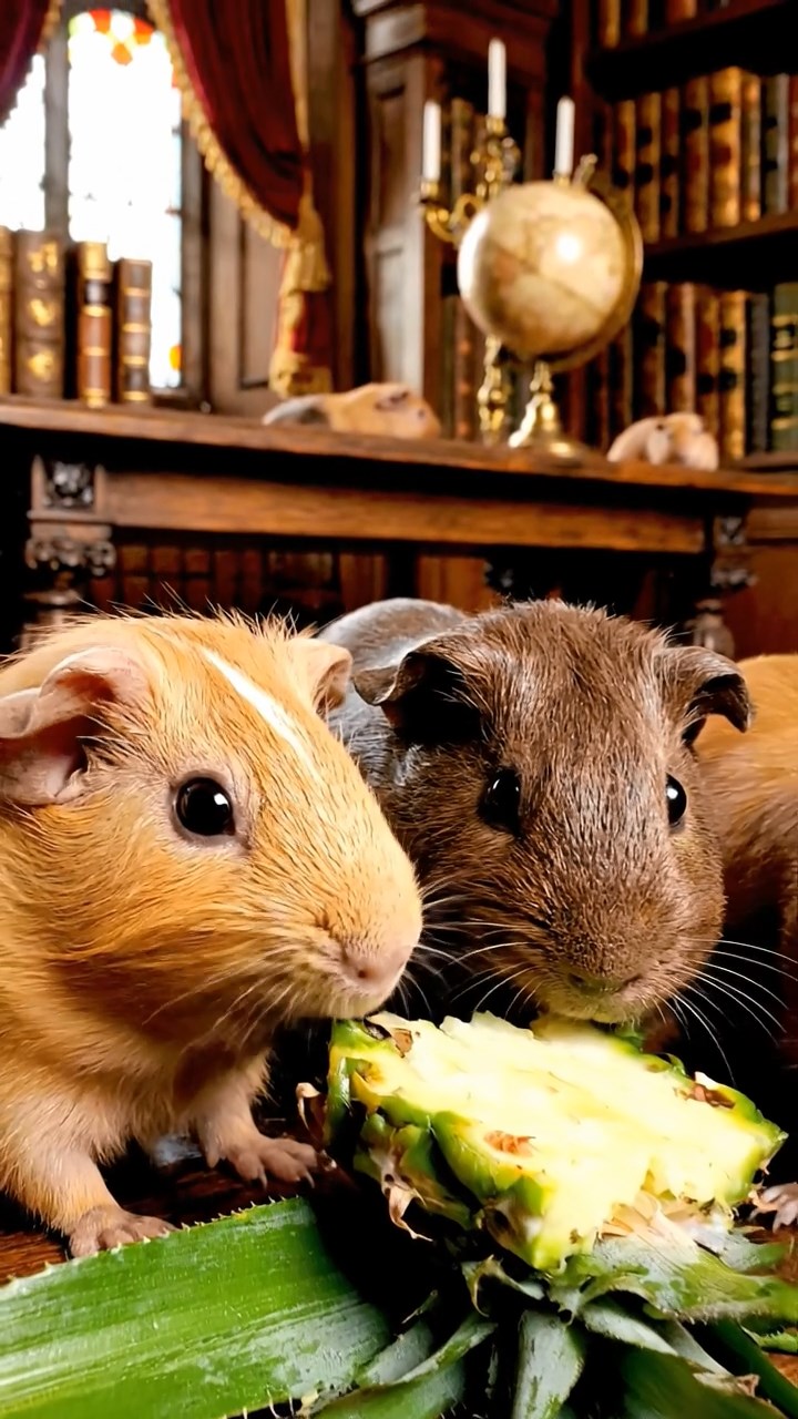 537. Detailed photo of 2 smooth-haired American guinea pigs with Fawn and Sable fur, dressed as bakers in tiny aprons, baking muffins in a guinea pig bakery with hay ovens and wooden counters, under soft lamplight, creating a realistic, cozy culinary scene.