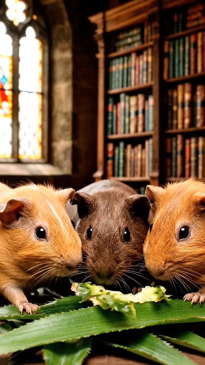 537. Detailed photo of 2 smooth-haired American guinea pigs with Fawn and Sable fur, dressed as bakers in tiny aprons, baking muffins in a guinea pig bakery with hay ovens and wooden counters, under soft lamplight, creating a realistic, cozy culinary scene.