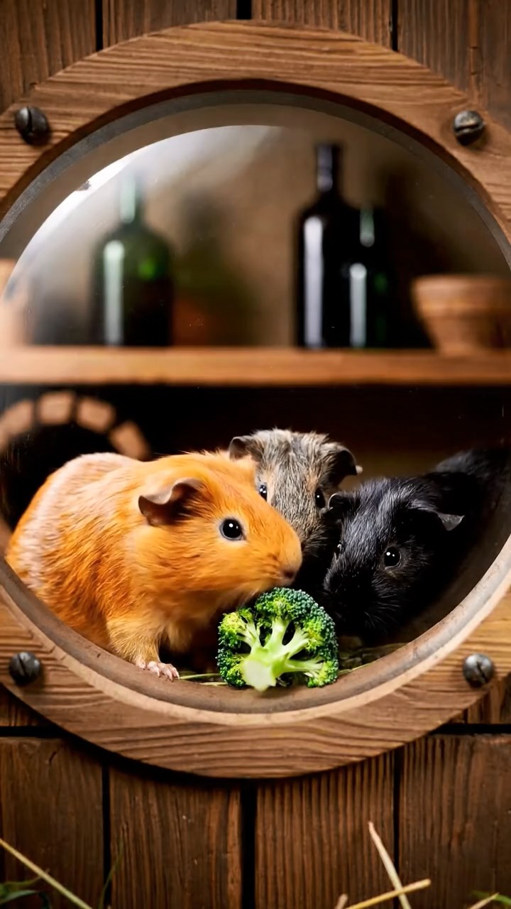 538. Photorealistic scene of 3 smooth-haired Teddy guinea pigs with Chocolate, Cinnamon, and Gray fur, climbing small rocks in a forested glade with soft moss and scattered leaves, under dappled sunlight, enhancing the authentic, adventurous atmosphere.