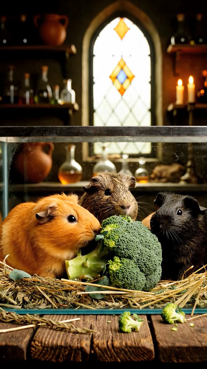 538. Photorealistic scene of 3 smooth-haired Teddy guinea pigs with Chocolate, Cinnamon, and Gray fur, climbing small rocks in a forested glade with soft moss and scattered leaves, under dappled sunlight, enhancing the authentic, adventurous atmosphere.