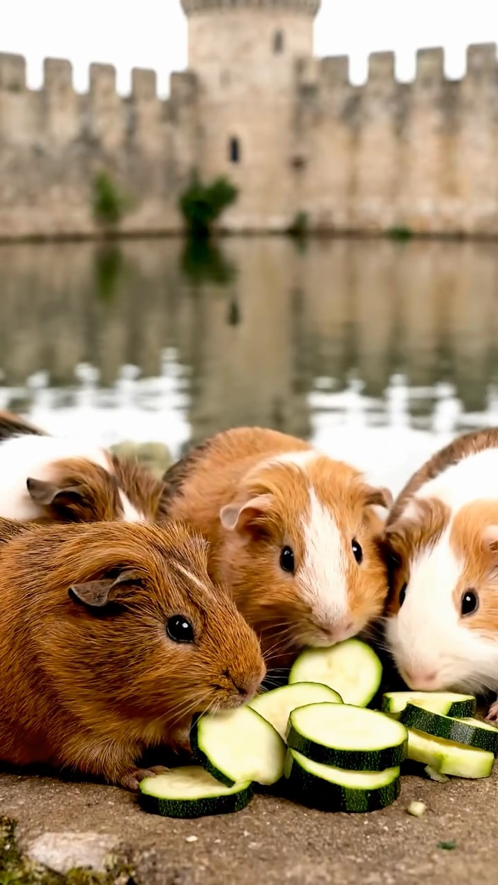 540. Realistic scene of 5 smooth-haired Californian guinea pigs with Cream, Fawn, Sable, Gray, and Cinnamon fur, sleeping in a cozy pile in a lush meadow with wildflowers and a gentle breeze, under golden sunlight, capturing a lifelike, tranquil group moment.