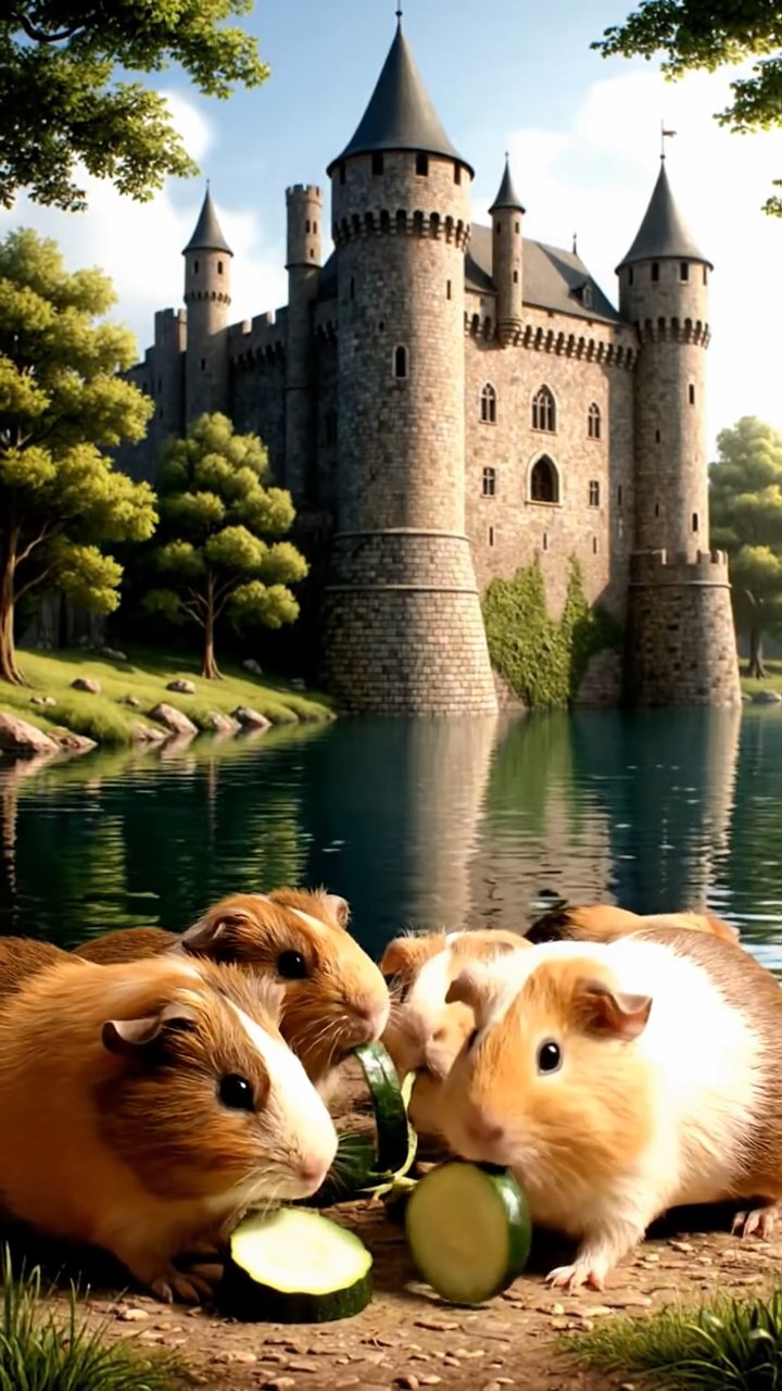 540. Realistic scene of 5 smooth-haired Californian guinea pigs with Cream, Fawn, Sable, Gray, and Cinnamon fur, sleeping in a cozy pile in a lush meadow with wildflowers and a gentle breeze, under golden sunlight, capturing a lifelike, tranquil group moment.