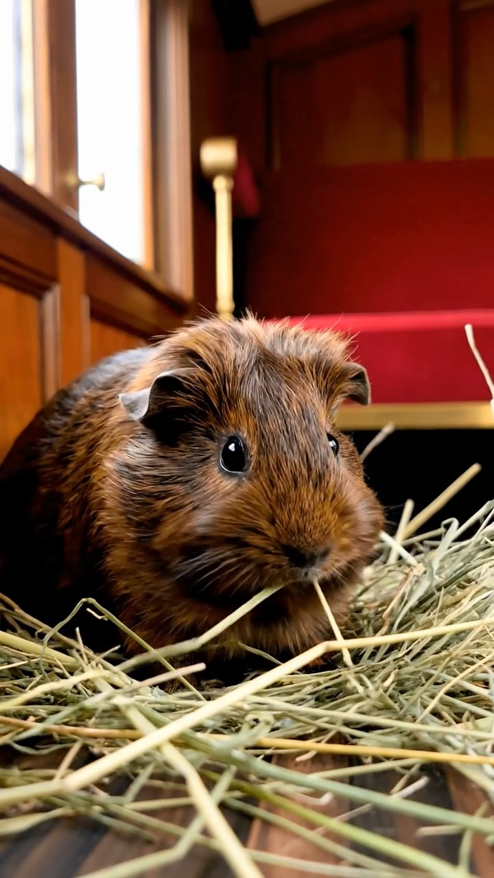 541. Detailed photo of 1 smooth-haired American guinea pig with White fur, munching on fresh apples, in a vibrant lavender garden with rows of purple blooms swaying in the breeze, under soft sunlight, creating a realistic, fragrant pastoral scene.