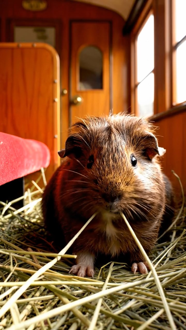 541. Detailed photo of 1 smooth-haired American guinea pig with White fur, munching on fresh apples, in a vibrant lavender garden with rows of purple blooms swaying in the breeze, under soft sunlight, creating a realistic, fragrant pastoral scene.