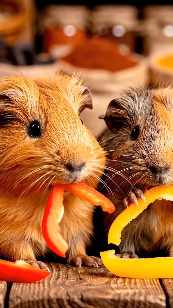 542. Photorealistic scene of 2 smooth-haired Teddy guinea pigs with Orange and Black fur, dressed as engineers in tiny helmets, building a miniature tower in a guinea pig workshop with hay beams and tools, under bright daylight, enhancing the lifelike, industrious atmosphere.