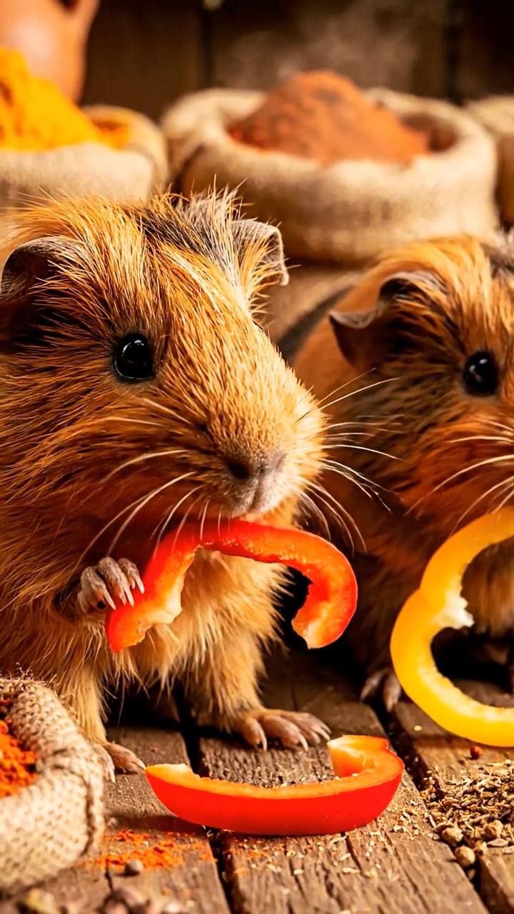 542. Photorealistic scene of 2 smooth-haired Teddy guinea pigs with Orange and Black fur, dressed as engineers in tiny helmets, building a miniature tower in a guinea pig workshop with hay beams and tools, under bright daylight, enhancing the lifelike, industrious atmosphere.